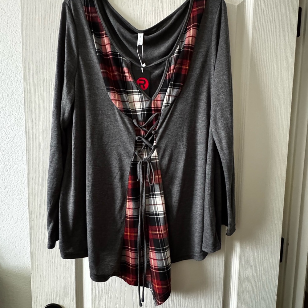 Rosegal Charcoal and Plaid Lace-Up Blouse NWT